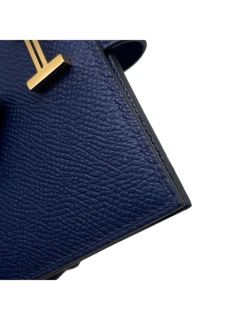 Hermes Bifold Wallet Bearn Compact Blue Navy Gold Epsom